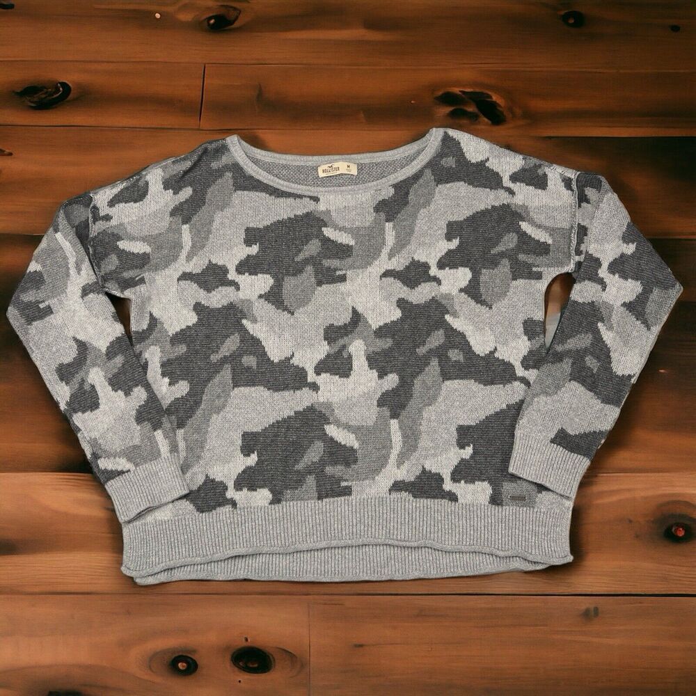 Hollister Womens Medium Oversized Sweater Camo Scoop High Low Hem Slit Gray